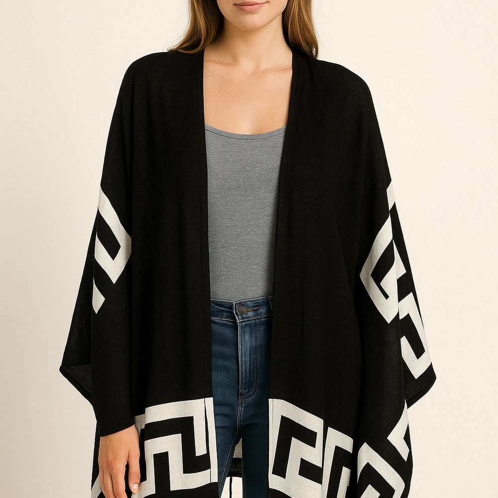 Colleen Lopez Black & White Open-Front Kimono Wrap‎